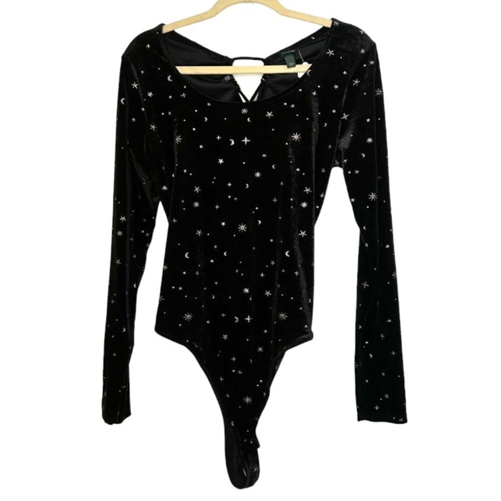 Wild Fable Black Velvet Lace-up Bodysuit Silver Stars size L